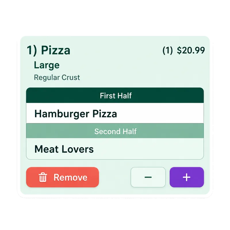 Half-and-half pizza order card — Hamburger Pizza and Meat Lovers halves on one large pizza